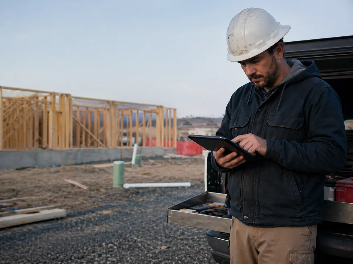 An operator on a construction site reviewing project work on a tablet